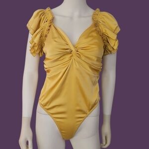 SKYLAR ROSE Canary Yellow Ruched Ruffle Twisted V-Neck Satin Bodysuit